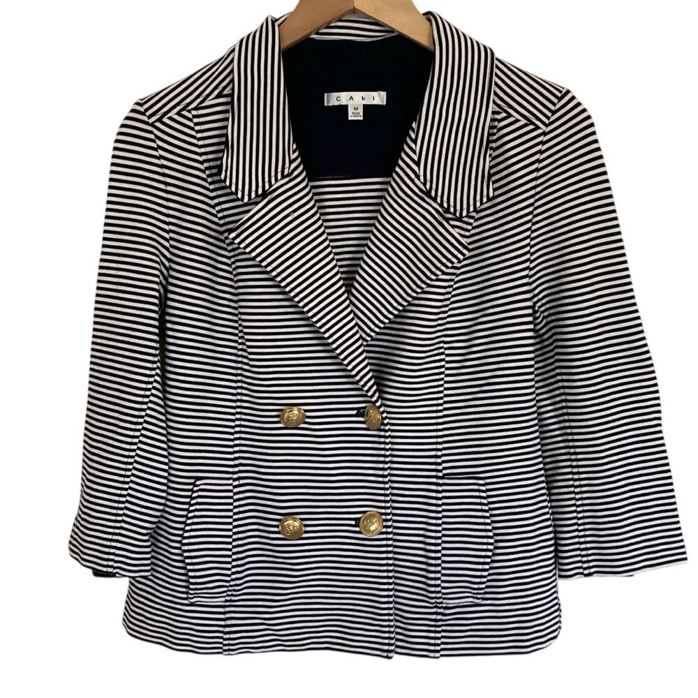 Cabi‎ Womens 823 Knit Double Breasted Blazer Blue White Size M Nautical Preppy